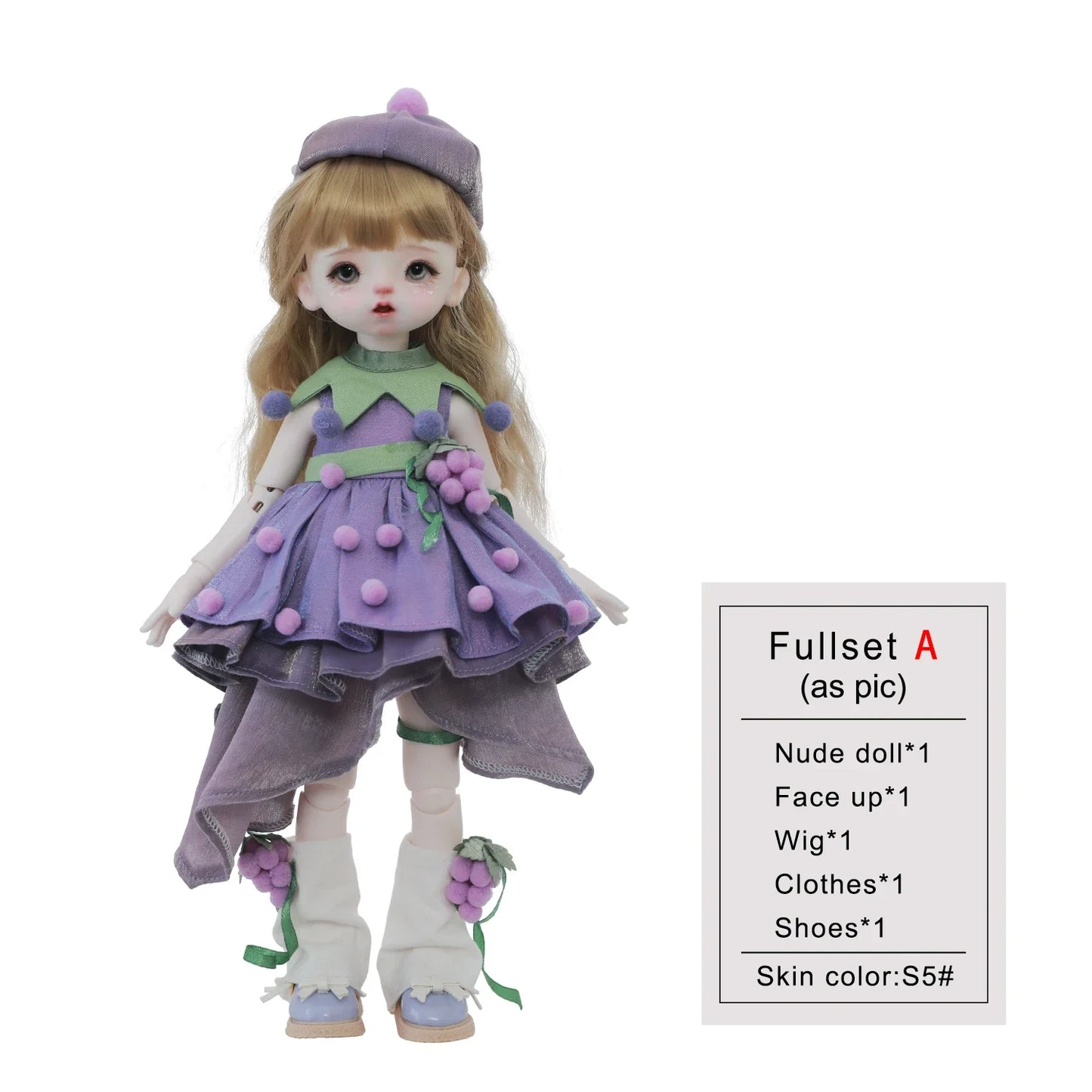 Qiqi A 1/6 BJD Doll - Baby Face Purple Princess Grape Sweet Lolita Style Korean Anime Ball-Jointed Doll Full Set | ShugaFairy