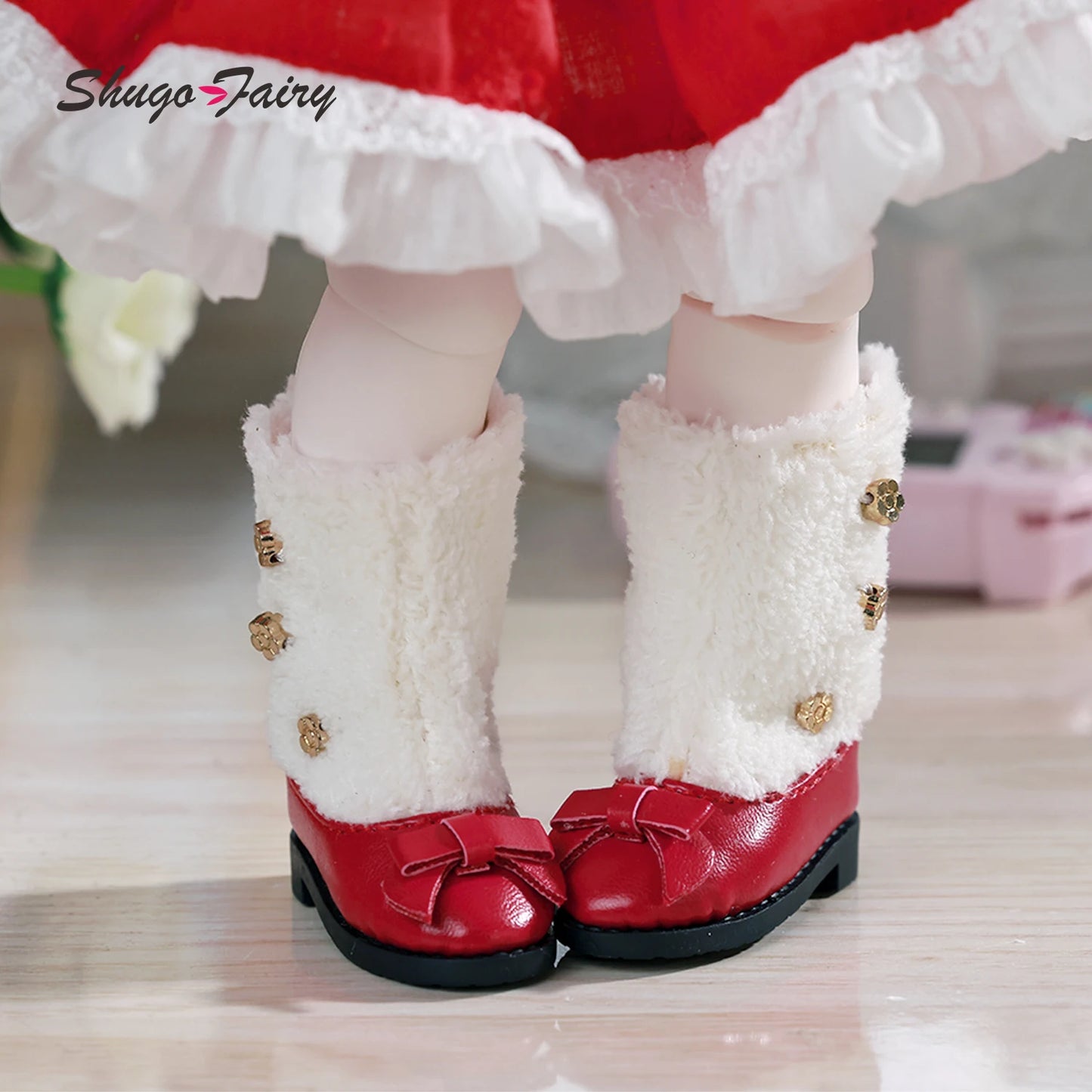 BJD Shoes 1/6 Red Fashion Low-heeled Shoes WX6-268 MLeather Upper Plush Collar Doll Accessories Suitable for YOSD Body