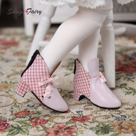 Bjd Doll Shoes 1/4 Fits Luts Body Suede Check Patchwork Chelsea Shoes for High-heeled WX4-141 Bjd Doll Accessories Shugafairy
