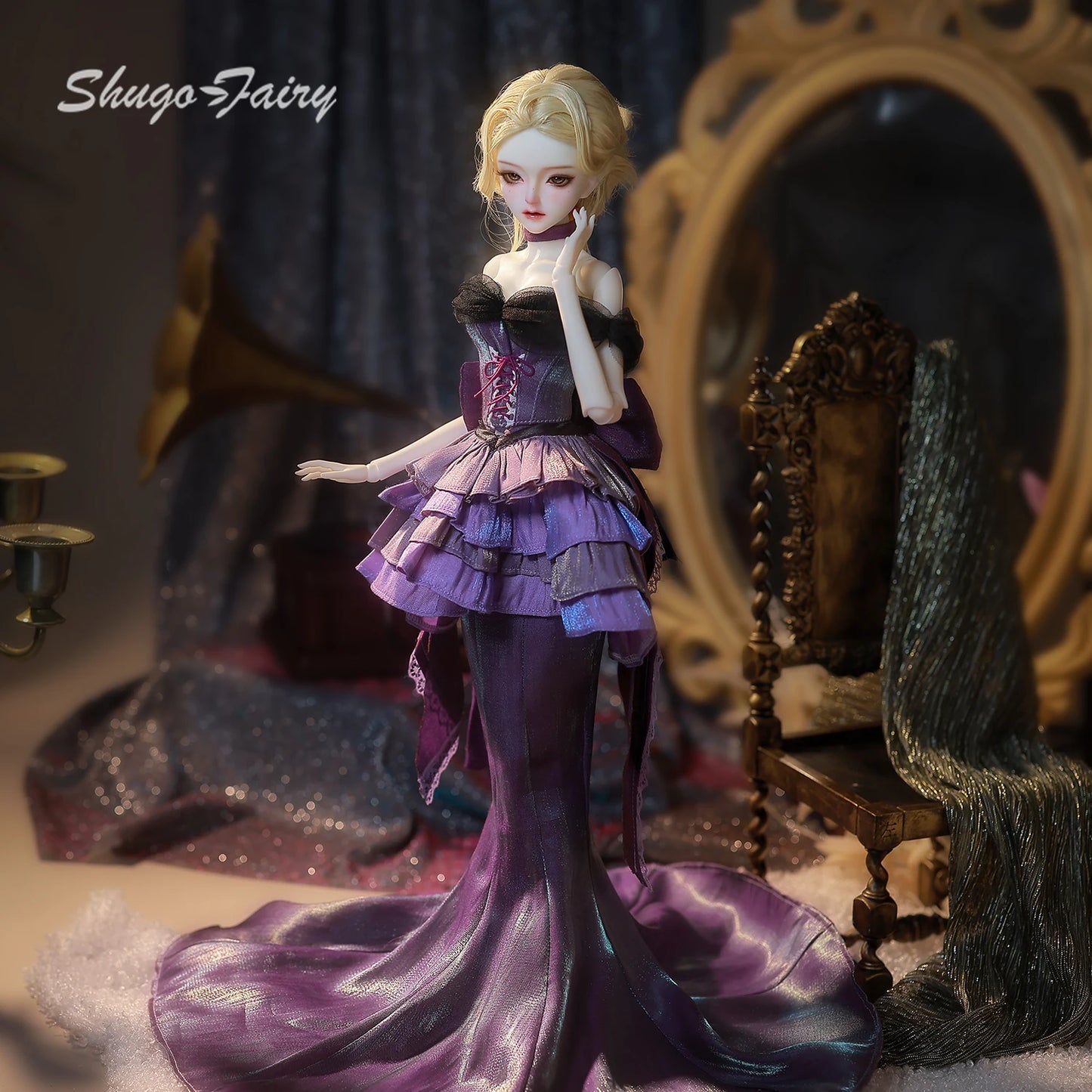 ShugaFairy Dendro B 1/4 BJD - Noble Court Gown with Feathered Hat Purple Silk Godmother Collectible Resin Full Set