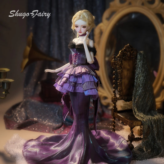 ShugaFairy Dendro B 1/4 BJD - Noble Court Gown with Feathered Hat Purple Silk Godmother Collectible Resin Full Set