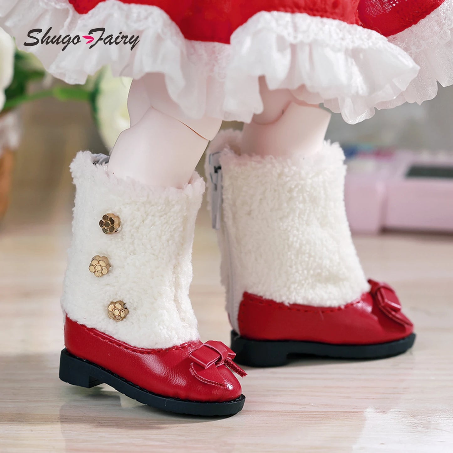 BJD Shoes 1/6 Red Fashion Low-heeled Shoes WX6-268 MLeather Upper Plush Collar Doll Accessories Suitable for YOSD Body