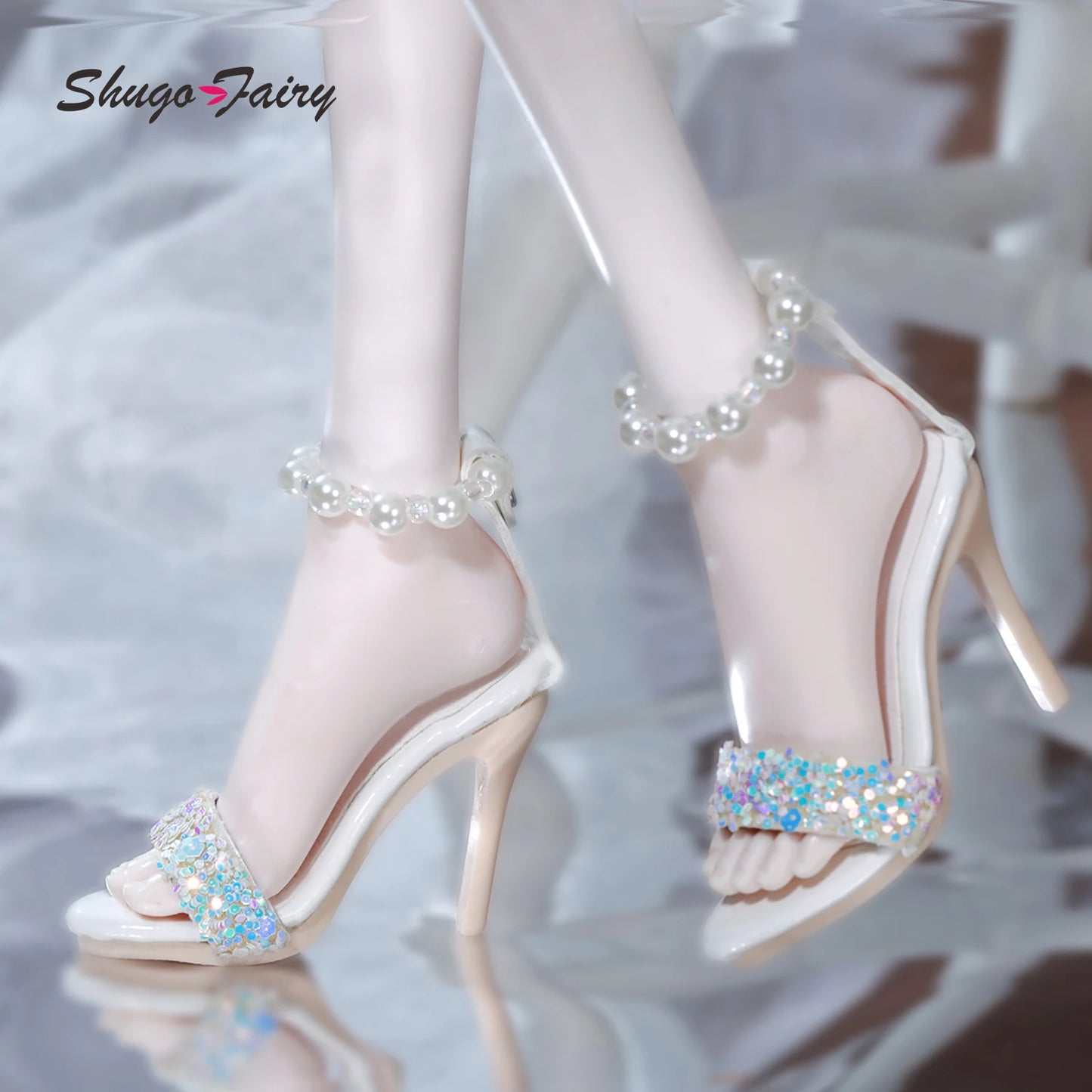 BJD Shoes 1/4 Handmade Pearl Glitter Slim Heel Sandals - High Heel Shoes for 1/4 Dolls WX4-390 Elegant Doll Foot Accessories