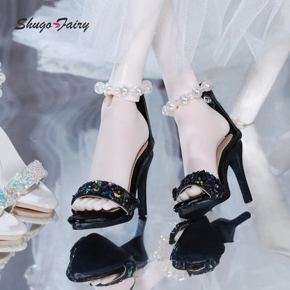 BJD Shoes 1/4 Handmade Pearl Glitter Slim Heel Sandals - High Heel Shoes for 1/4 Dolls WX4-390 Elegant Doll Foot Accessories