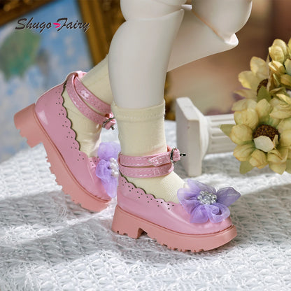 Shuga Fairy Bjd 1/4 Shoes for Female Mini Toy Cute Flower Leather Shoes Block Heel Shoe WX4-224 Bjd Accessories