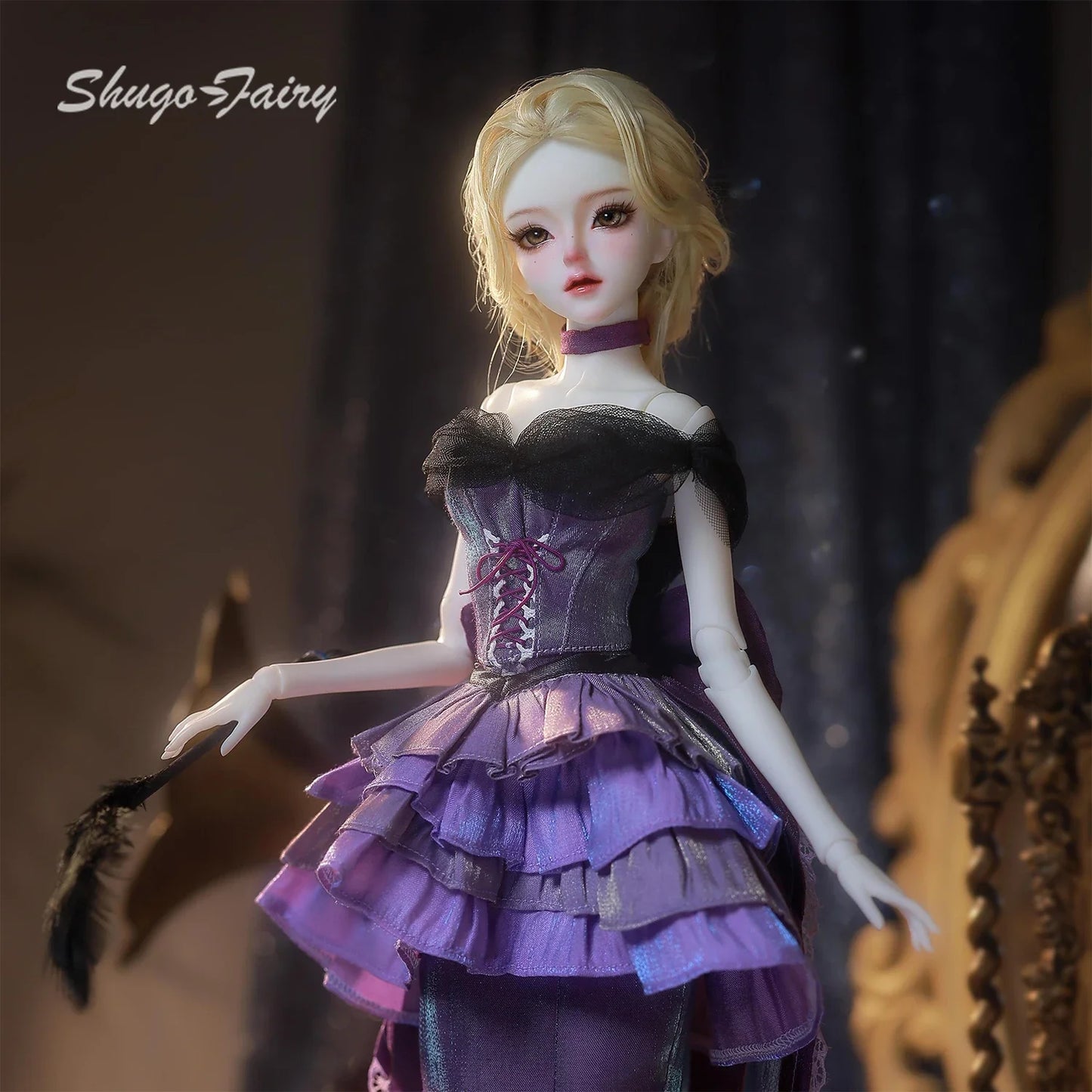 ShugaFairy Dendro B 1/4 BJD - Noble Court Gown with Feathered Hat Purple Silk Godmother Collectible Resin Full Set