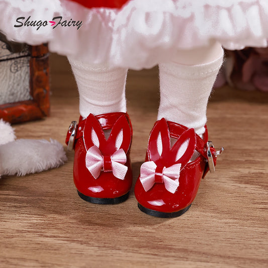 BJD Shoes 1/6 Rabbit Ear Element Mini Red Flat Leather Shoes Ball Jointed Doll Accessories