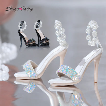BJD Shoes 1/4 Handmade Pearl Glitter Slim Heel Sandals - High Heel Shoes for 1/4 Dolls WX4-390 Elegant Doll Foot Accessories