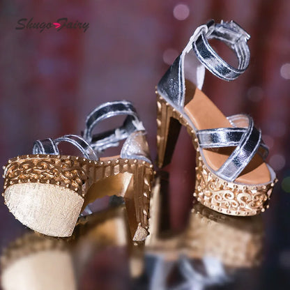 Phoeb BJD Doll Shoes 1/4 Minifee Bariy High Heel Argent Gorgeous Retro Carving Fashion Shoes Ball Jointed Doll Accessories