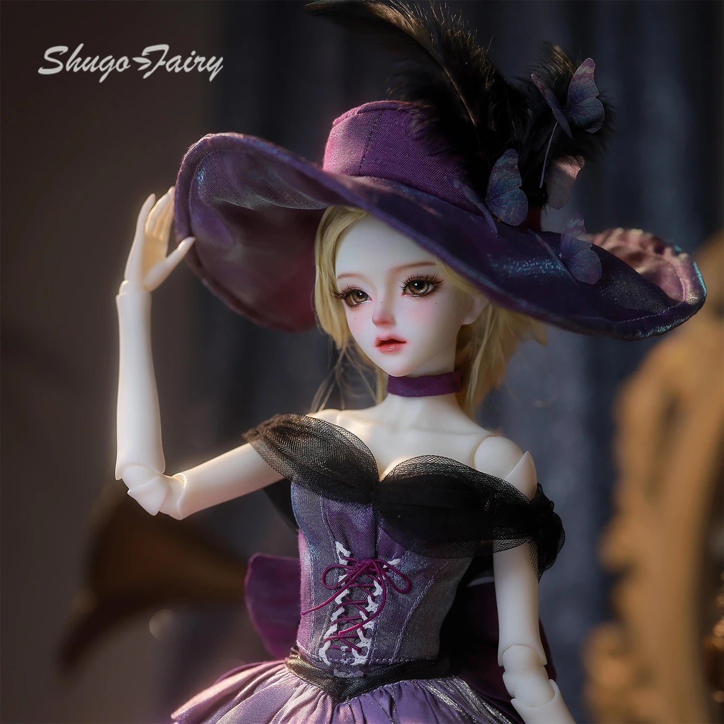 ShugaFairy Dendro B 1/4 BJD - Noble Court Gown with Feathered Hat Purple Silk Godmother Collectible Resin Full Set