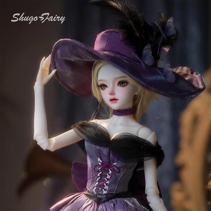 ShugaFairy Dendro B 1/4 BJD - Noble Court Gown with Feathered Hat Purple Silk Godmother Collectible Resin Full Set