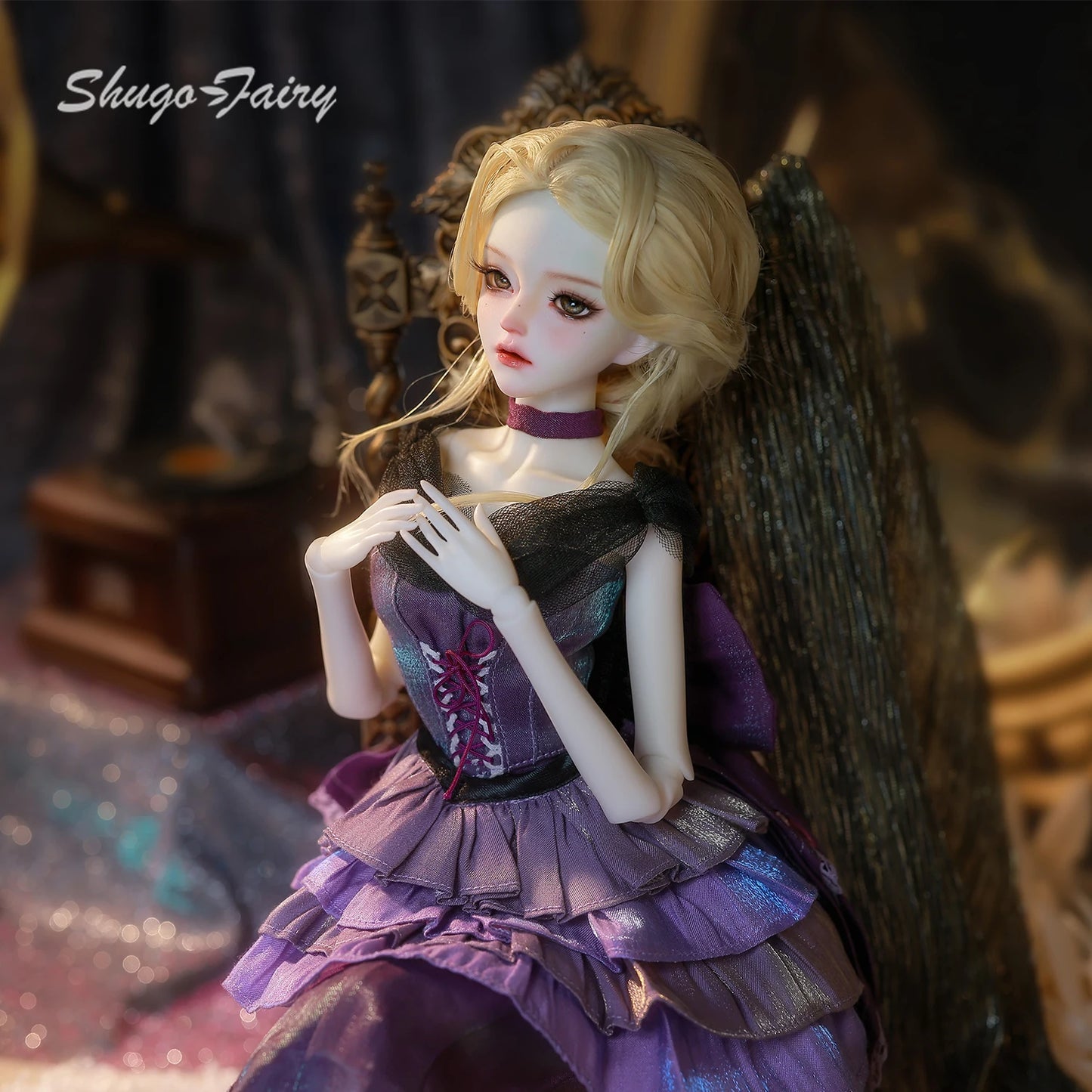 ShugaFairy Dendro B 1/4 BJD - Noble Court Gown with Feathered Hat Purple Silk Godmother Collectible Resin Full Set