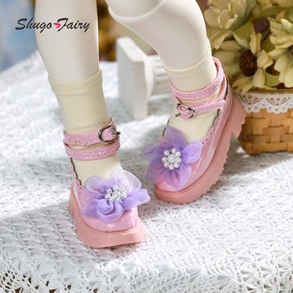 Shuga Fairy Bjd 1/4 Shoes for Female Mini Toy Cute Flower Leather Shoes Block Heel Shoe WX4-224 Bjd Accessories
