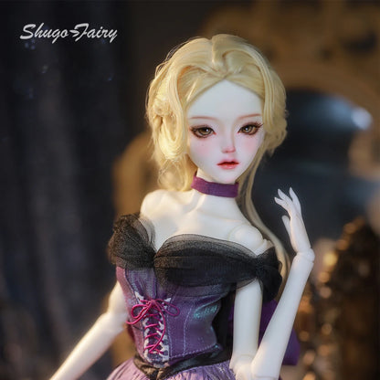 ShugaFairy Dendro B 1/4 BJD - Noble Court Gown with Feathered Hat Purple Silk Godmother Collectible Resin Full Set