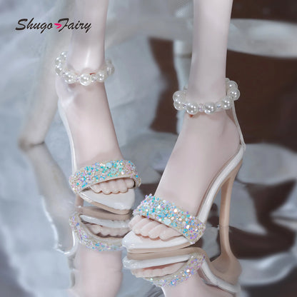 BJD Shoes 1/4 Handmade Pearl Glitter Slim Heel Sandals - High Heel Shoes for 1/4 Dolls WX4-390 Elegant Doll Foot Accessories