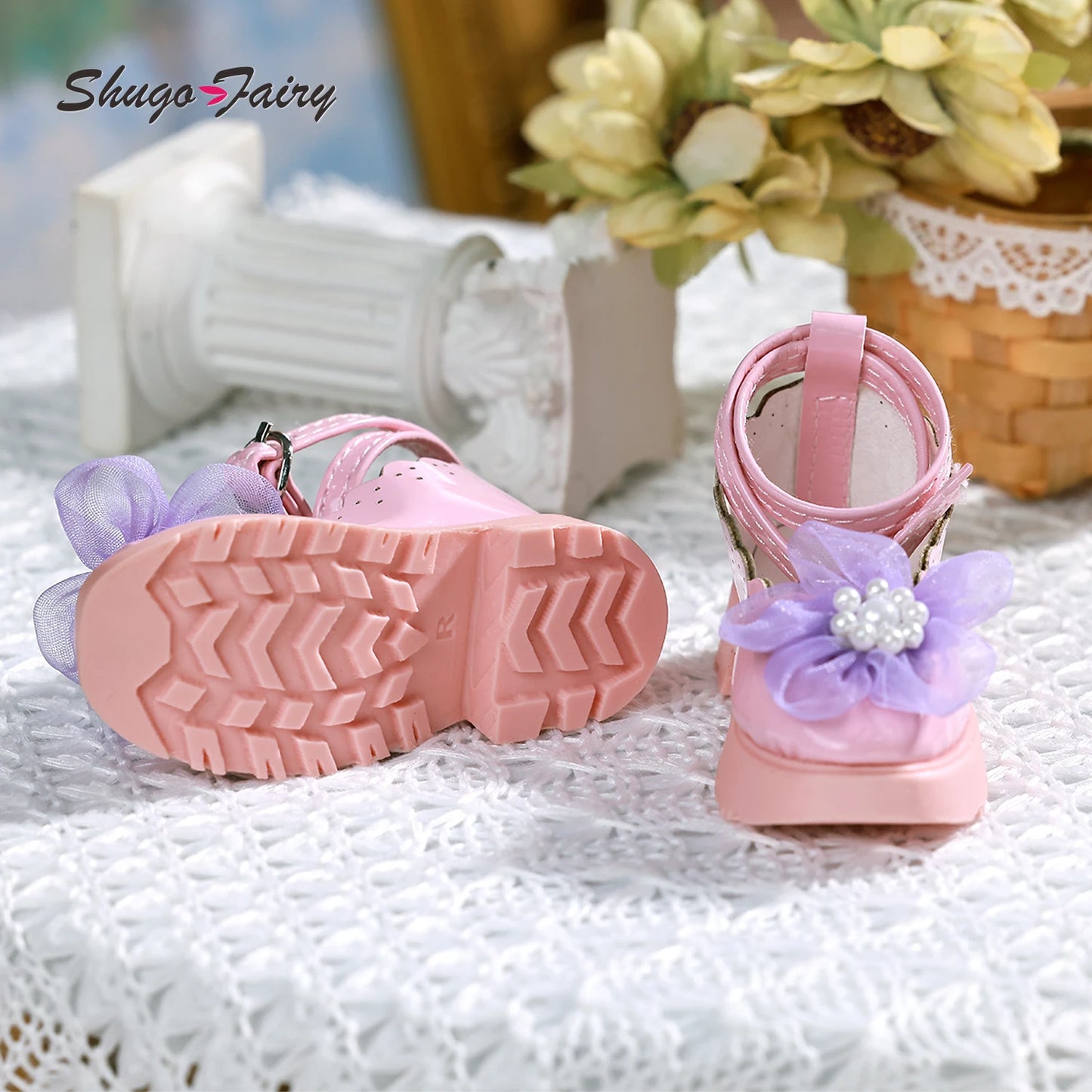 Shuga Fairy Bjd 1/4 Shoes for Female Mini Toy Cute Flower Leather Shoes Block Heel Shoe WX4-224 Bjd Accessories