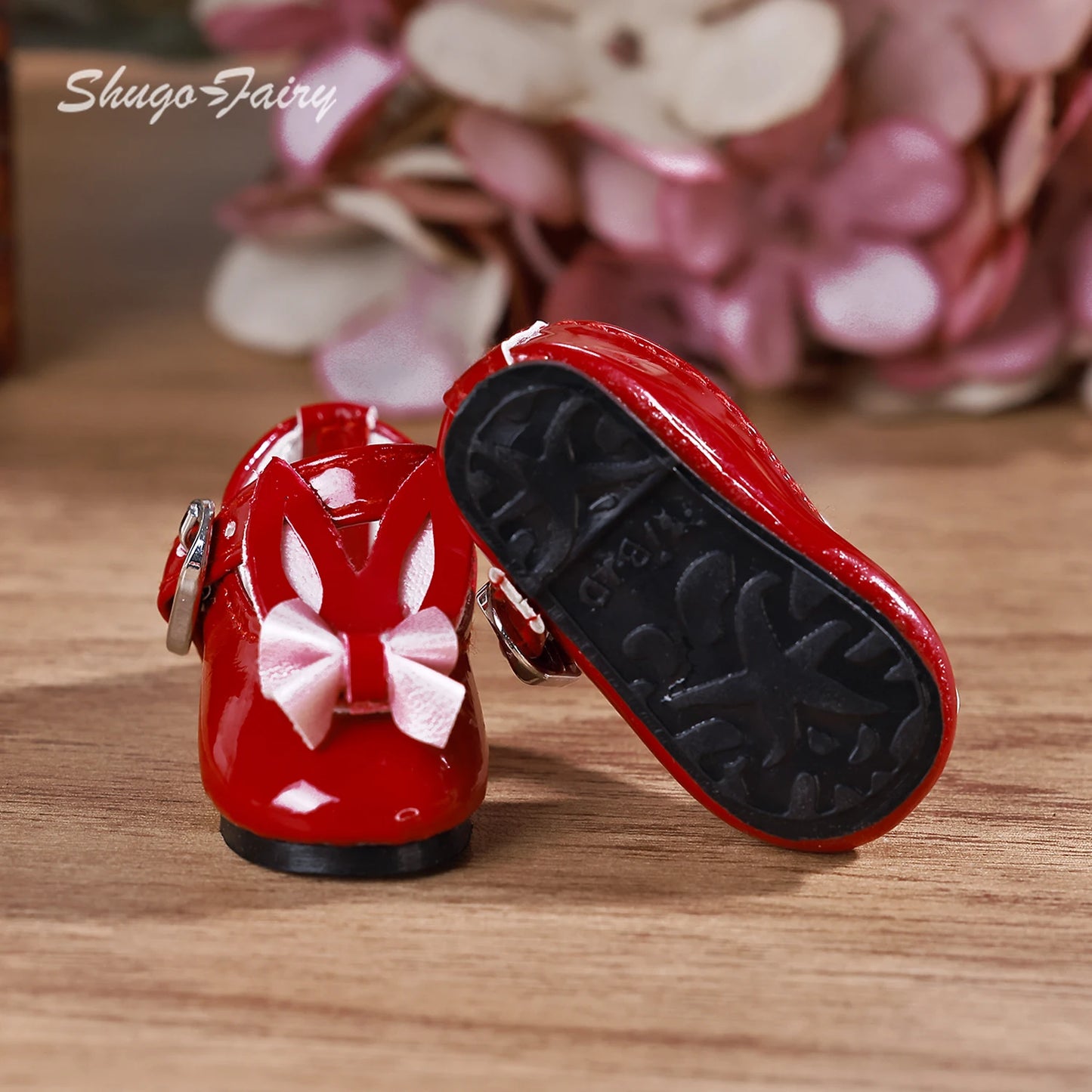 BJD Shoes 1/6 Rabbit Ear Element Mini Red Flat Leather Shoes Ball Jointed Doll Accessories