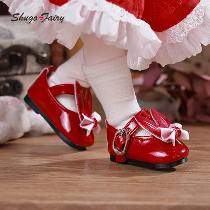 BJD Shoes 1/6 Rabbit Ear Element Mini Red Flat Leather Shoes Ball Jointed Doll Accessories