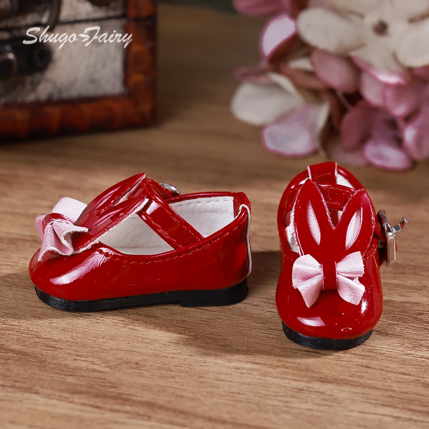 BJD Shoes 1/6 Rabbit Ear Element Mini Red Flat Leather Shoes Ball Jointed Doll Accessories
