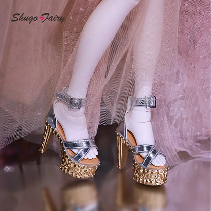 Phoeb BJD Doll Shoes 1/4 Minifee Bariy High Heel Argent Gorgeous Retro Carving Fashion Shoes Ball Jointed Doll Accessories