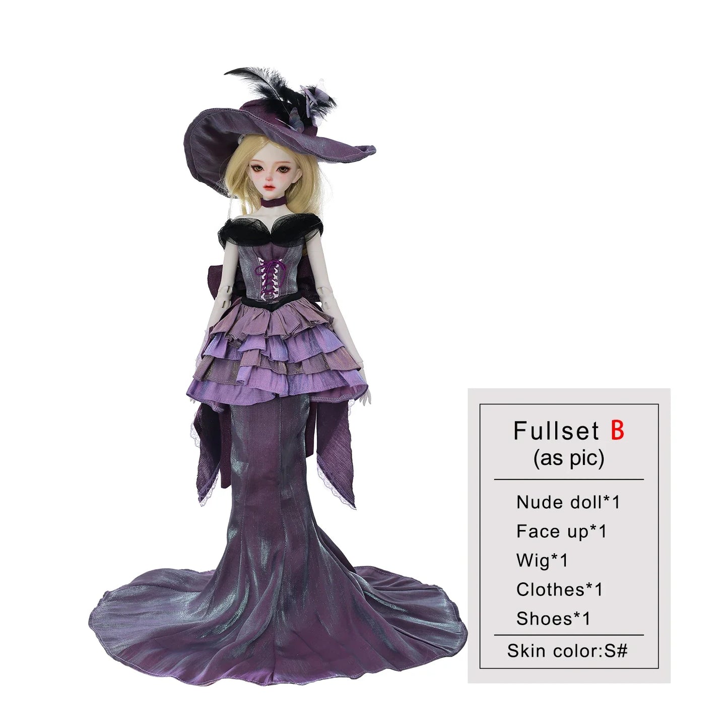 ShugaFairy Dendro B 1/4 BJD - Noble Court Gown with Feathered Hat Purple Silk Godmother Collectible Resin Full Set