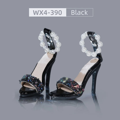 BJD Shoes 1/4 Handmade Pearl Glitter Slim Heel Sandals - High Heel Shoes for 1/4 Dolls WX4-390 Elegant Doll Foot Accessories