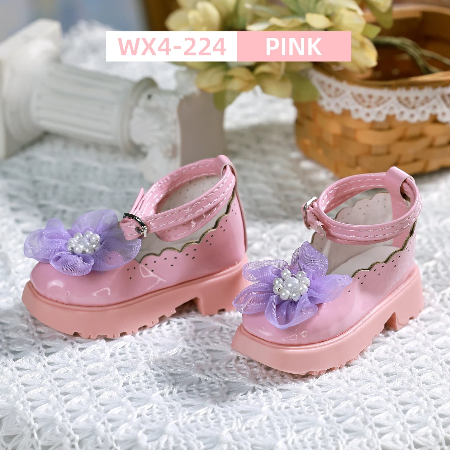 Shuga Fairy Bjd 1/4 Shoes for Female Mini Toy Cute Flower Leather Shoes Block Heel Shoe WX4-224 Bjd Accessories