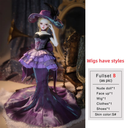 ShugaFairy Dendro B 1/4 BJD - Noble Court Gown with Feathered Hat Purple Silk Godmother Collectible Resin Full Set