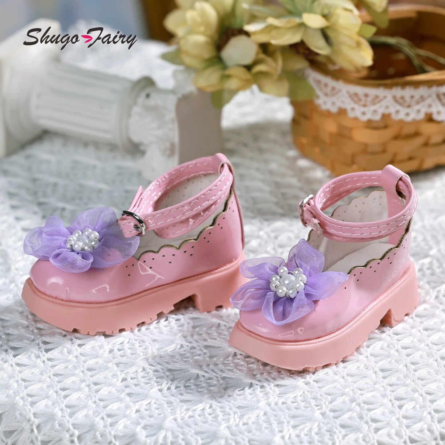 Shuga Fairy Bjd 1/4 Shoes for Female Mini Toy Cute Flower Leather Shoes Block Heel Shoe WX4-224 Bjd Accessories