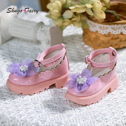 Shuga Fairy Bjd 1/4 Shoes for Female Mini Toy Cute Flower Leather Shoes Block Heel Shoe WX4-224 Bjd Accessories