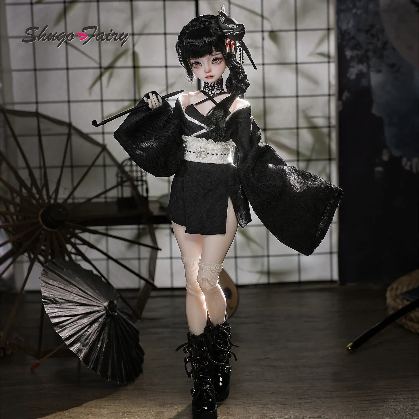Kikyou E 1/4 BJD Armed Princess - Yakuza Mafia Style Japanese Silk Wafuku & Thigh High Full Set  | Shugafairy Y2K Retro