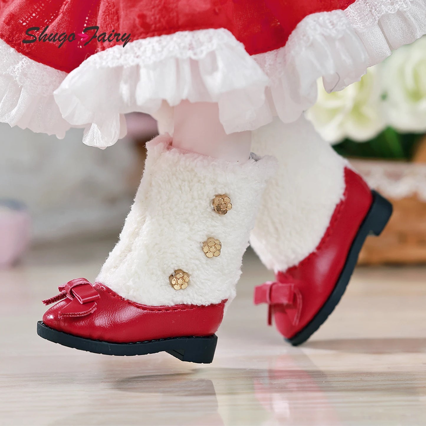 BJD Shoes 1/6 Red Fashion Low-heeled Shoes WX6-268 MLeather Upper Plush Collar Doll Accessories Suitable for YOSD Body