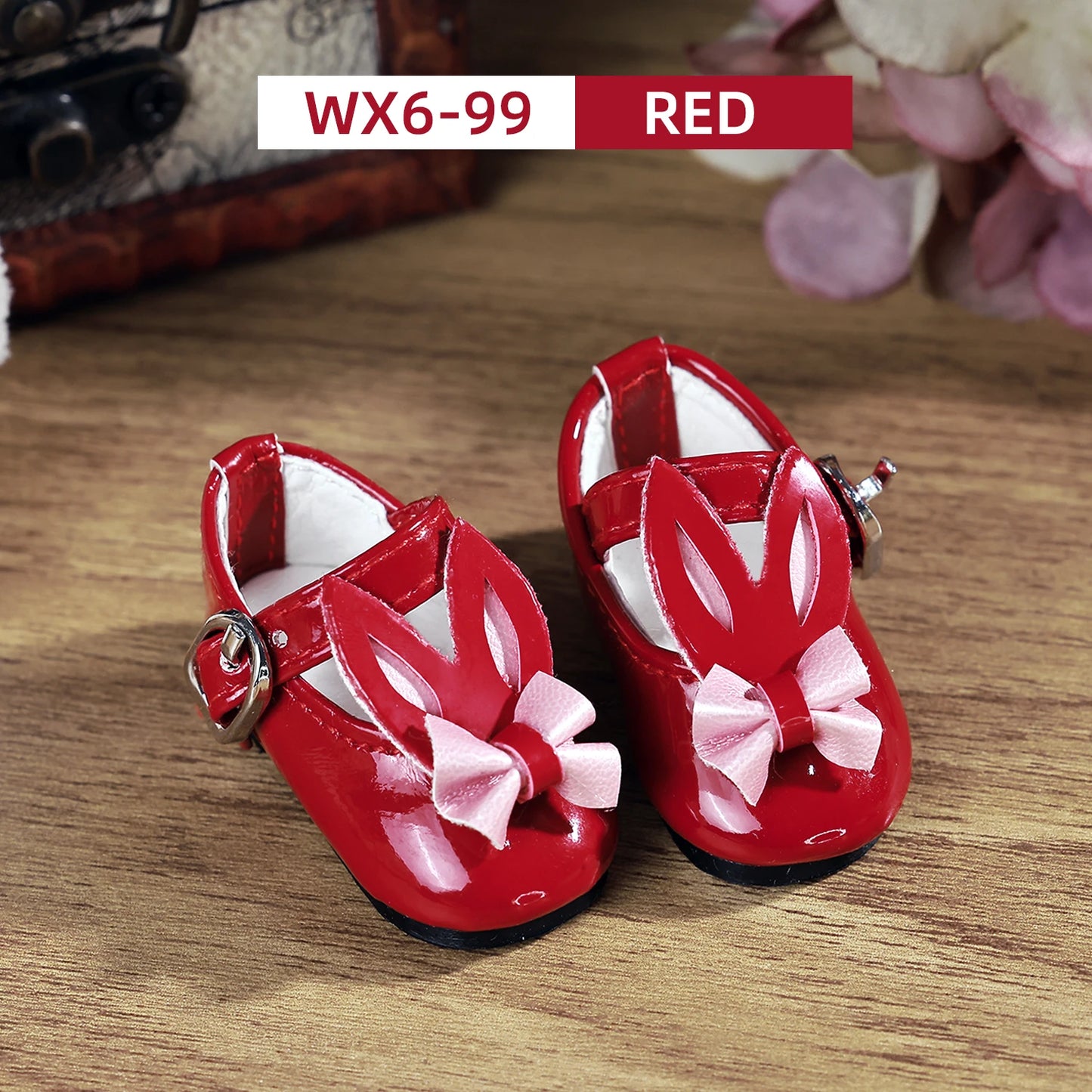 BJD Shoes 1/6 Rabbit Ear Element Mini Red Flat Leather Shoes Ball Jointed Doll Accessories